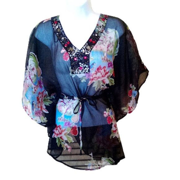 Delicate Sheer Pull Over Floral Blouse w Embellished Neckline Size Small NEW NWT - Picture 2 of 3